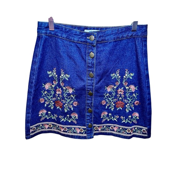 Floral Embroidered Boho Denim Skirt Button Fly Women's Small Miami Francesca’s - Picture 1 of 8